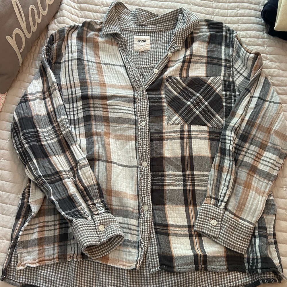 Aerie Casual Button Down Shirt Brown and Black